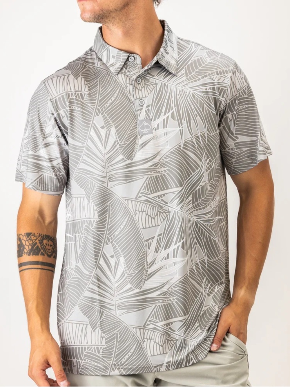 Men’s pins & aces Grey Tropical Print short sleeve Polo